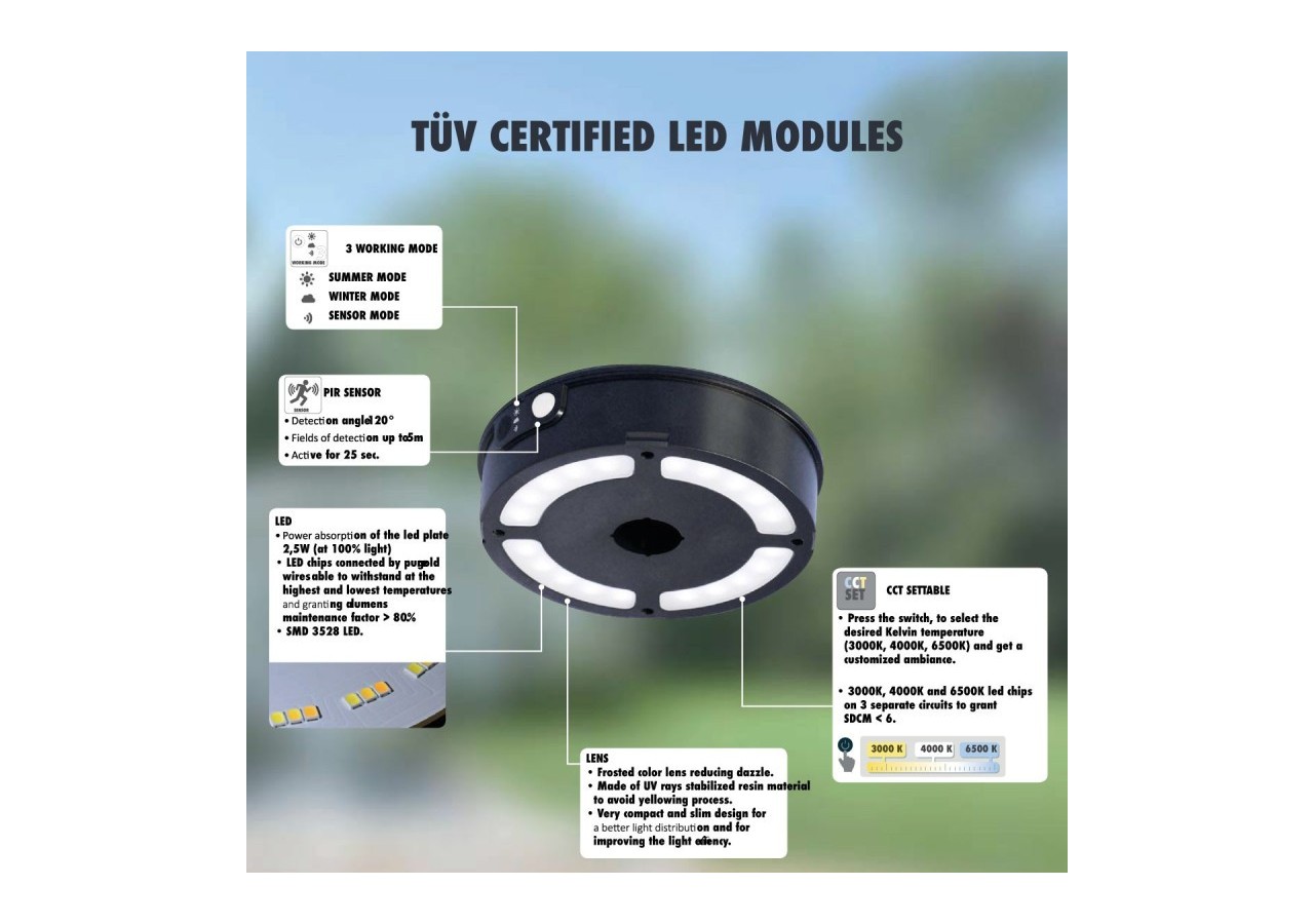 Potelet LED solaire sur piquet 18cm et capteur PIR-3 modes de fonctionnement-CCT - FE1.572.000.A0S1KOP2 - Barcelona LED
