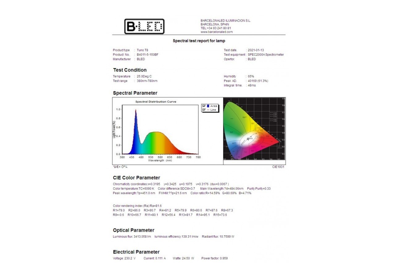 Tube LED T8 24W 1500mm en verre 140 LM/W - B4011-4-150BC - Barcelona LED