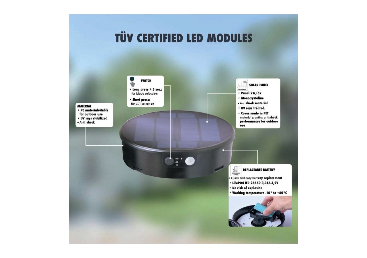 Borne solaire de jardin "MIZAR/ROSETTA" avec capteur PIR-3 modes de fonctionnement-CCT - R22.151.000.AFS1K - Barcelona LED