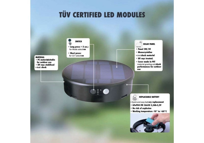 Borne solaire de jardin "MIZAR/ROSETTA" avec capteur PIR-3 modes de fonctionnement-CCT - R22.151.000.AFS1K - Barcelona LED