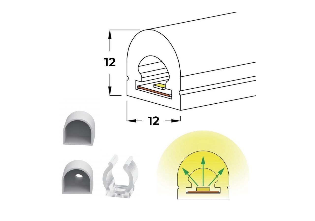 Néon LED flexible 24V DC-12x12mm-10m-Kit complet-180 LED/m-12W/m-IP65-À courbure verticale - B3200RO - Barcelona LED