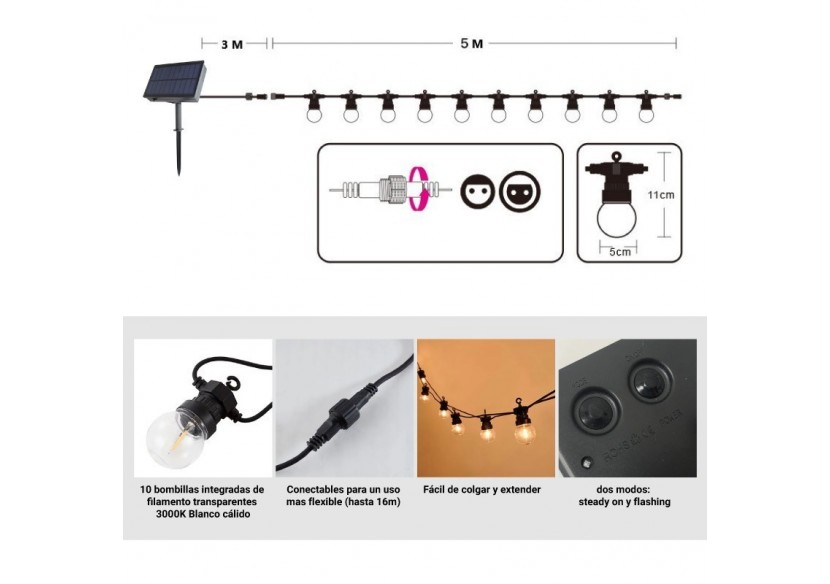 Guirlande solaire LED 8m avec batterie et 10 ampoules intégrées - SL22 - Barcelona LED