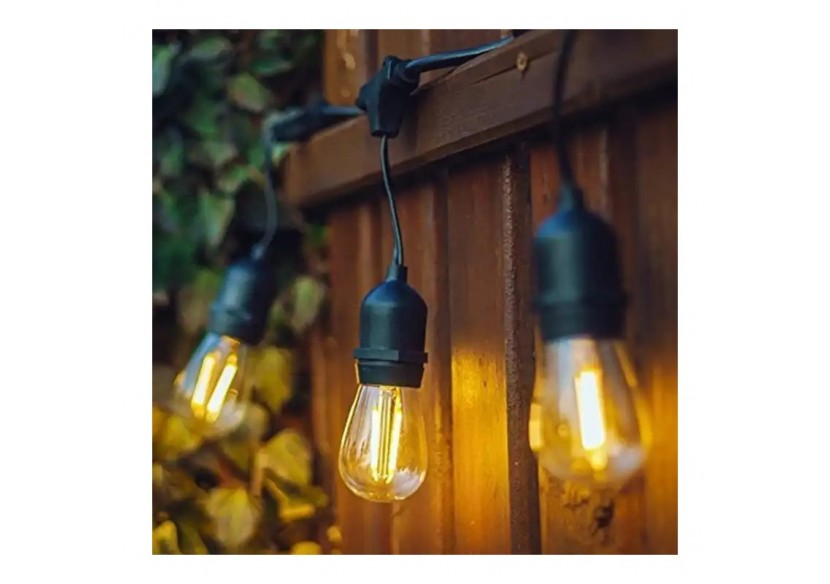 Kit guirlande lumineuse extérieure 11,5m + 10 ampoules LED E27 filament 1W-IP44-Blanc chaud - K-L1700-270 - Barcelona LED Kit guirlande lumineuse extérieure 11,5m + 10 ampoules LED E27 filament 1W-IP44-Blanc chaud - K-L1700-270 - Barcelona LED