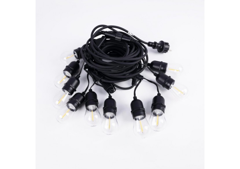 Kit guirlande lumineuse extérieure 11,5m + 10 ampoules LED E27 filament 1W-IP44-Blanc chaud - K-L1700-270 - Barcelona LED Kit guirlande lumineuse extérieure 11,5m + 10 ampoules LED E27 filament 1W-IP44-Blanc chaud - K-L1700-270 - Barcelona LED