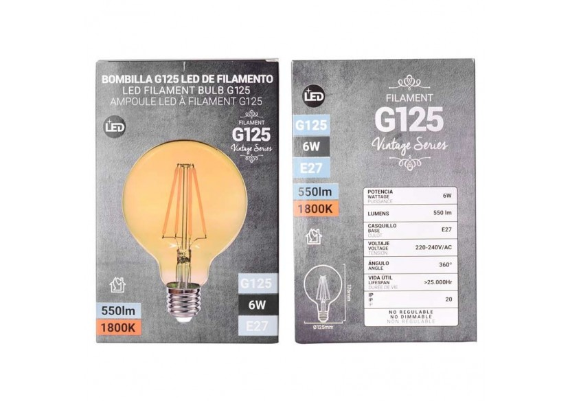 Ampoule LED E27 6W G125 Filament "Vintage Gold" - BFD1-G125E27-G - Barcelona LED Ampoule LED E27 6W G125 Filament "Vintage Gold" - BFD1-G125E27-G - Barcelona LED