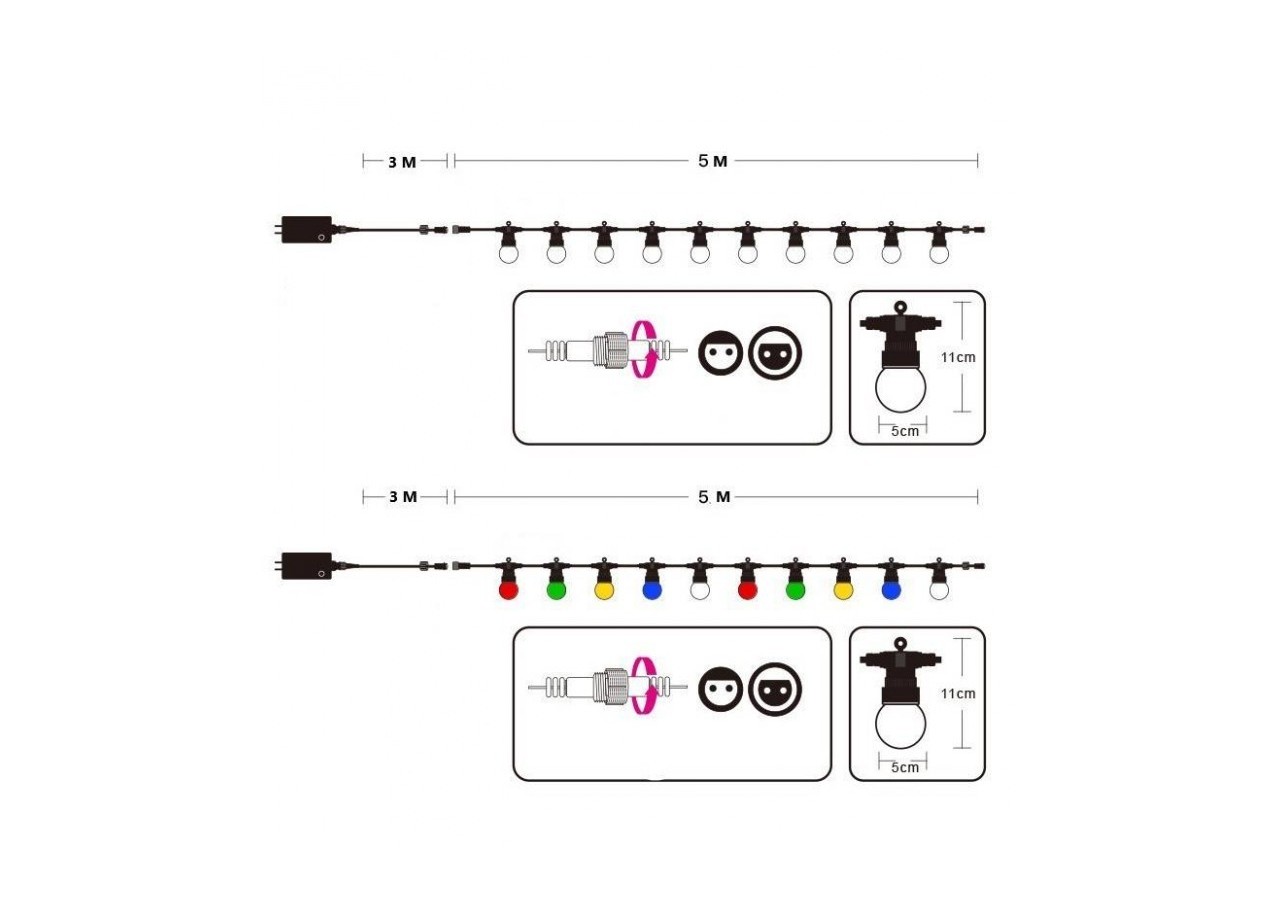 Guirlande LED avec câble noir 10 ampoules LED multicolores-8m - L2000-N-C - Barcelona LED