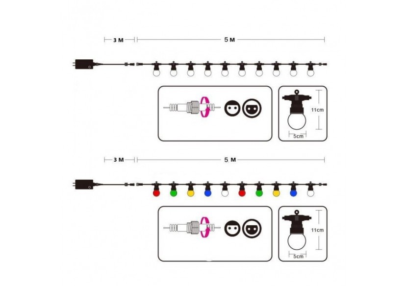Guirlande LED avec câble noir 10 ampoules LED multicolores-8m - L2000-N-C - Barcelona LED