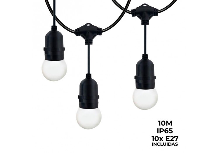 Kit guirlande lumineuse extérieure 10m + 10 ampoules LED E27 1W-IP44-Blanc chaud - K_L1700 - Barcelona LED