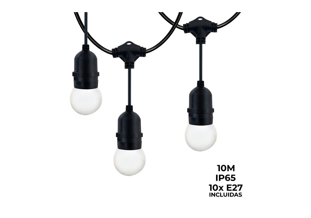 Kit guirlande lumineuse extérieure 10m + 10 ampoules LED E27 1W-IP44-Blanc chaud - K_L1700 - Barcelona LED