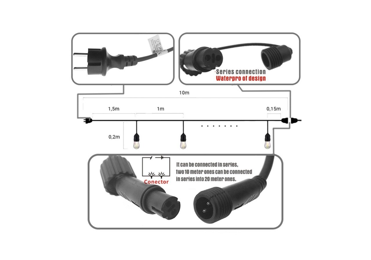 Kit guirlande lumineuse extérieure 10m + 10 ampoules LED E27 1W-IP44-Blanc chaud - K_L1700 - Barcelona LED