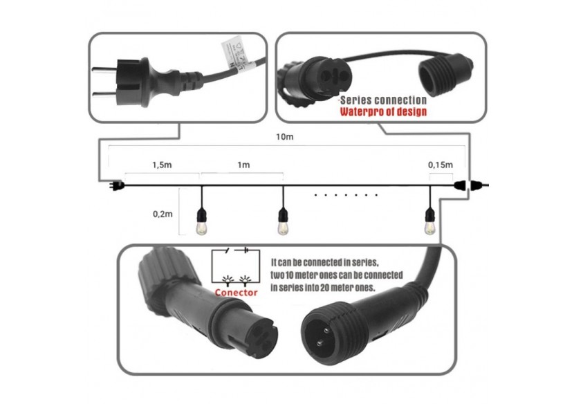 Kit guirlande lumineuse extérieure 10m + 10 ampoules LED E27 1W-IP44-Blanc chaud - K_L1700 - Barcelona LED Kit guirlande lumineuse extérieure 10m + 10 ampoules LED E27 1W-IP44-Blanc chaud - K_L1700 - Barcelona LED