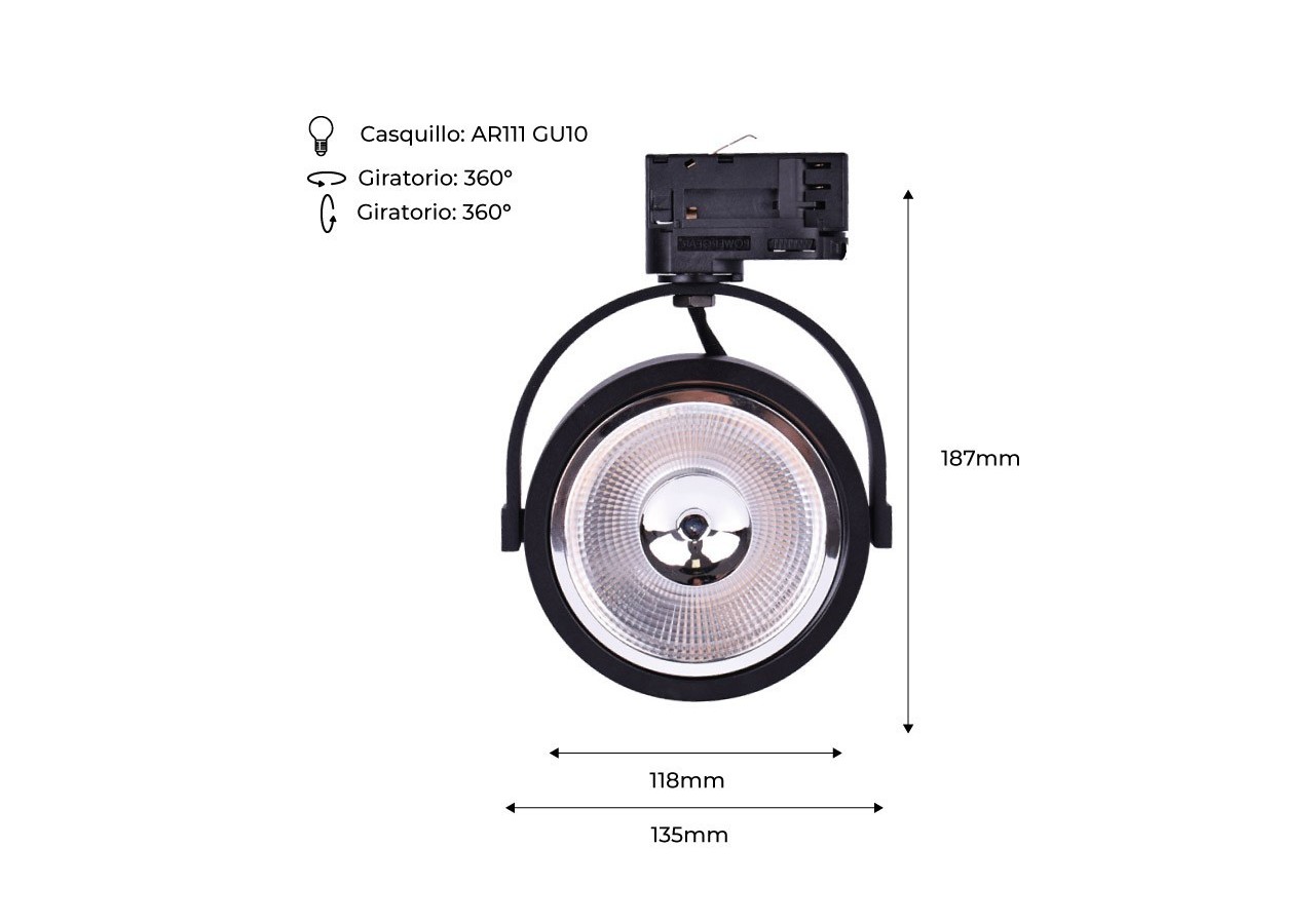 Support spot sur rail triphasé ampoule AR111 GU10 - B00581-N - Barcelona LED