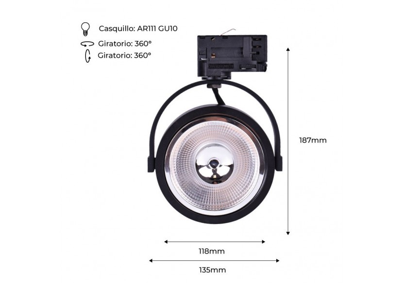 Support spot sur rail triphasé ampoule AR111 GU10 - B00581-N - Barcelona LED