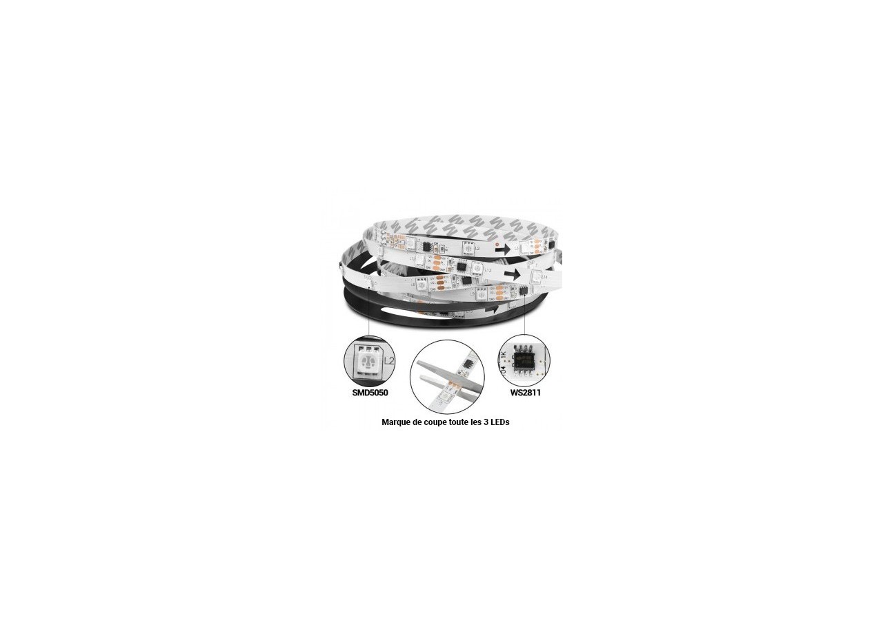 Ruban LED intelligent IC RGB 12V DC-14,4 W/m-IP20-60 LED/m-Largeur 10mm-5m - B1574RGB - Barcelona LED