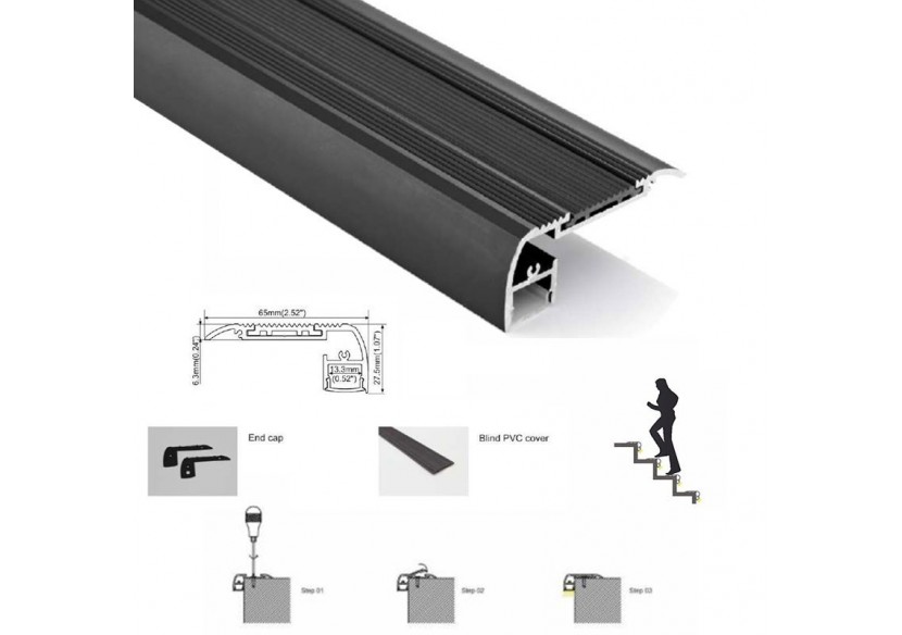Profilé en aluminium pour éclairage des escaliers 65x27.5mm (2m) - BPERFALP024R-N - Barcelona LED Profilé en aluminium pour éclairage des escaliers 65x27.5mm (2m) - BPERFALP024R-N - Barcelona LED