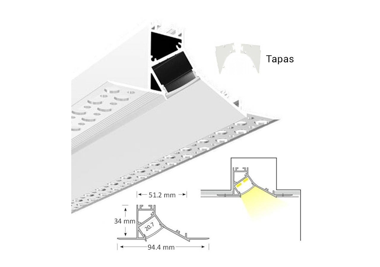 Profilé en aluminium d'angle intégration placoplâtre 94x34mm - BPERFALP126 - Barcelona LED