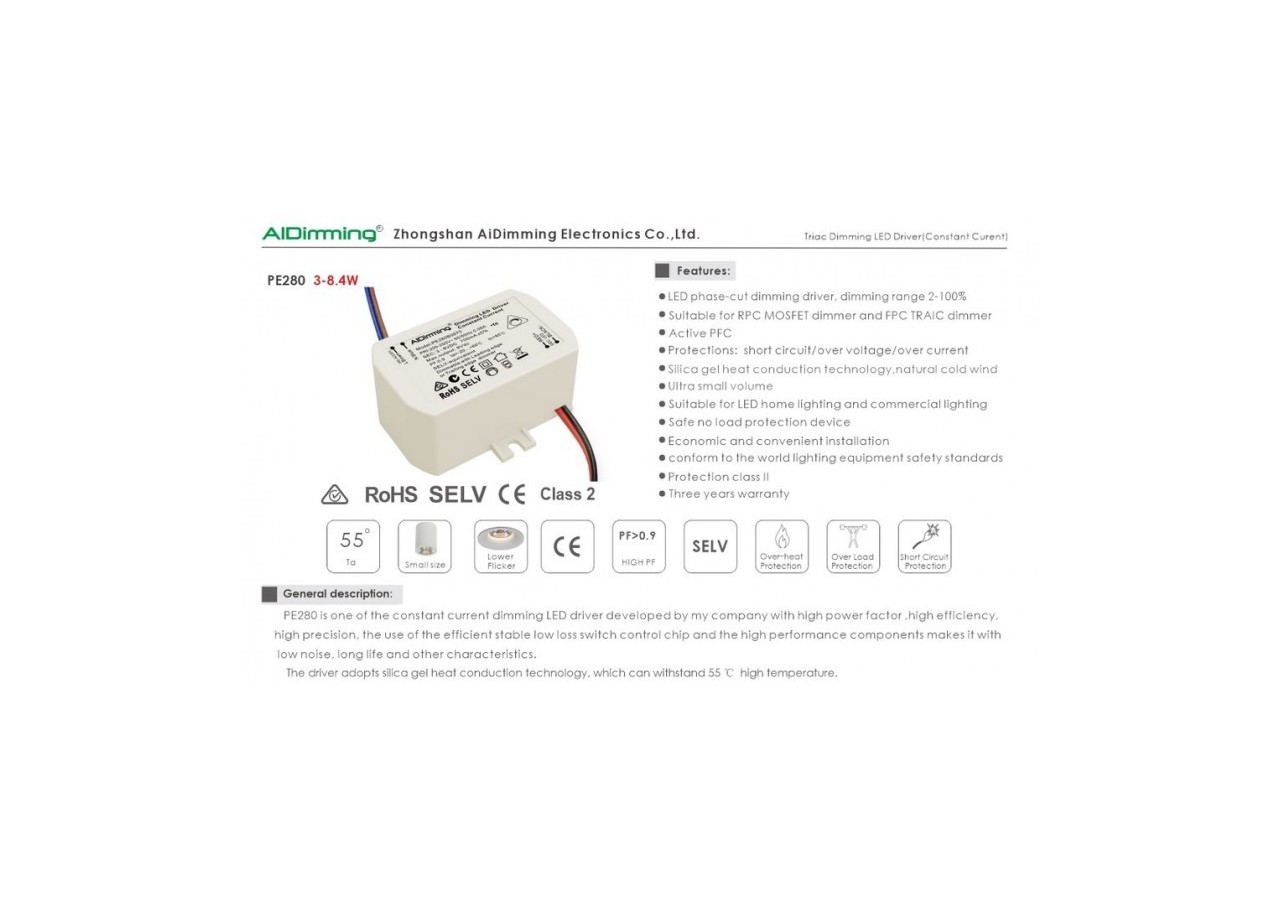 Driver LED dimmable TRIAC 25-42V-DC 200ma 8W - PE280B4220 - Barcelona LED