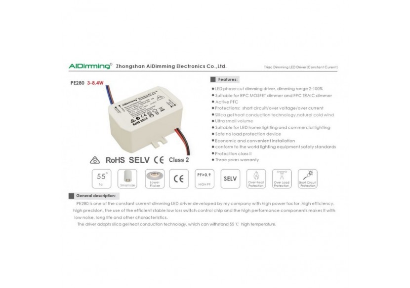 Driver LED dimmable TRIAC 25-42V-DC 200ma 8W - PE280B4220 - Barcelona LED Driver LED dimmable TRIAC 25-42V-DC 200ma 8W - PE280B4220 - Barcelona LED