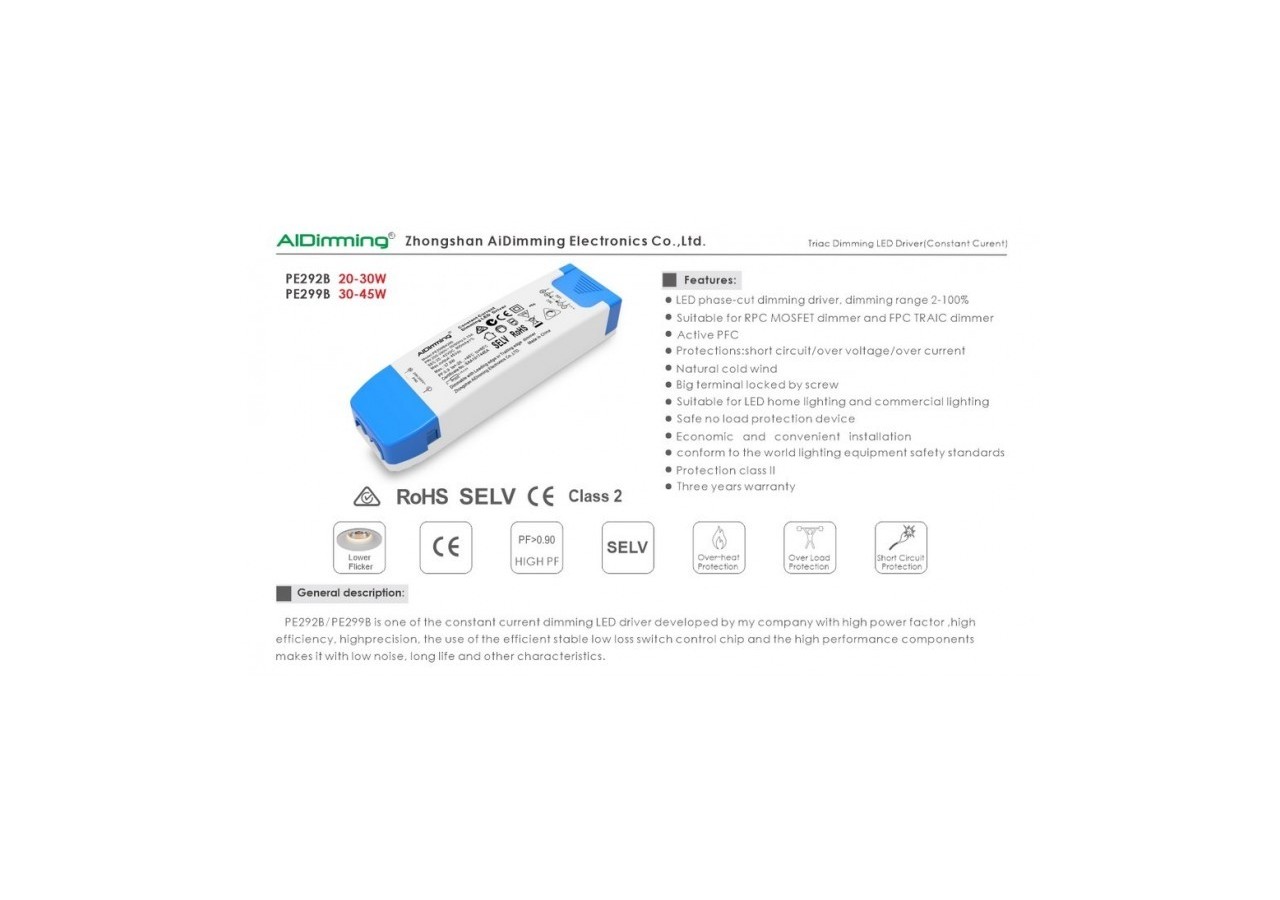 Driver LED dimmable TRIAC 43-60V-DC 500ma 30W - PE292B6050 - Barcelona LED