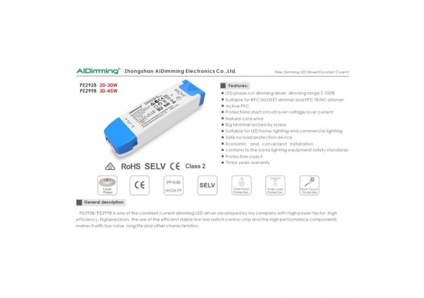 Driver LED dimmable TRIAC 43-60V-DC 500ma 30W - PE292B6050 - Barcelona LED Driver LED dimmable TRIAC 43-60V-DC 500ma 30W - PE292B6050 - Barcelona LED