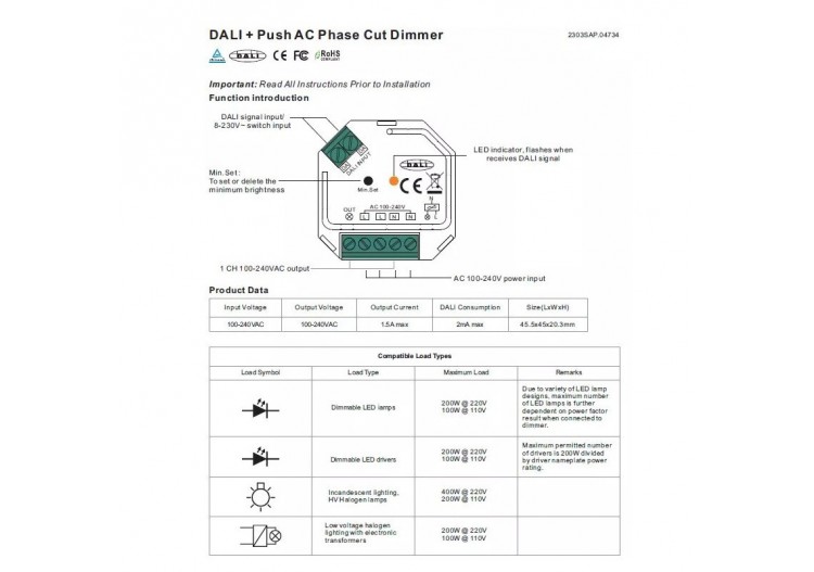 Variateur monochrome DALI et PUSH - 400W - 1 canal - 100-240V AC - Sunricher - SR-2303SAC-HP - Barcelona LED 2
