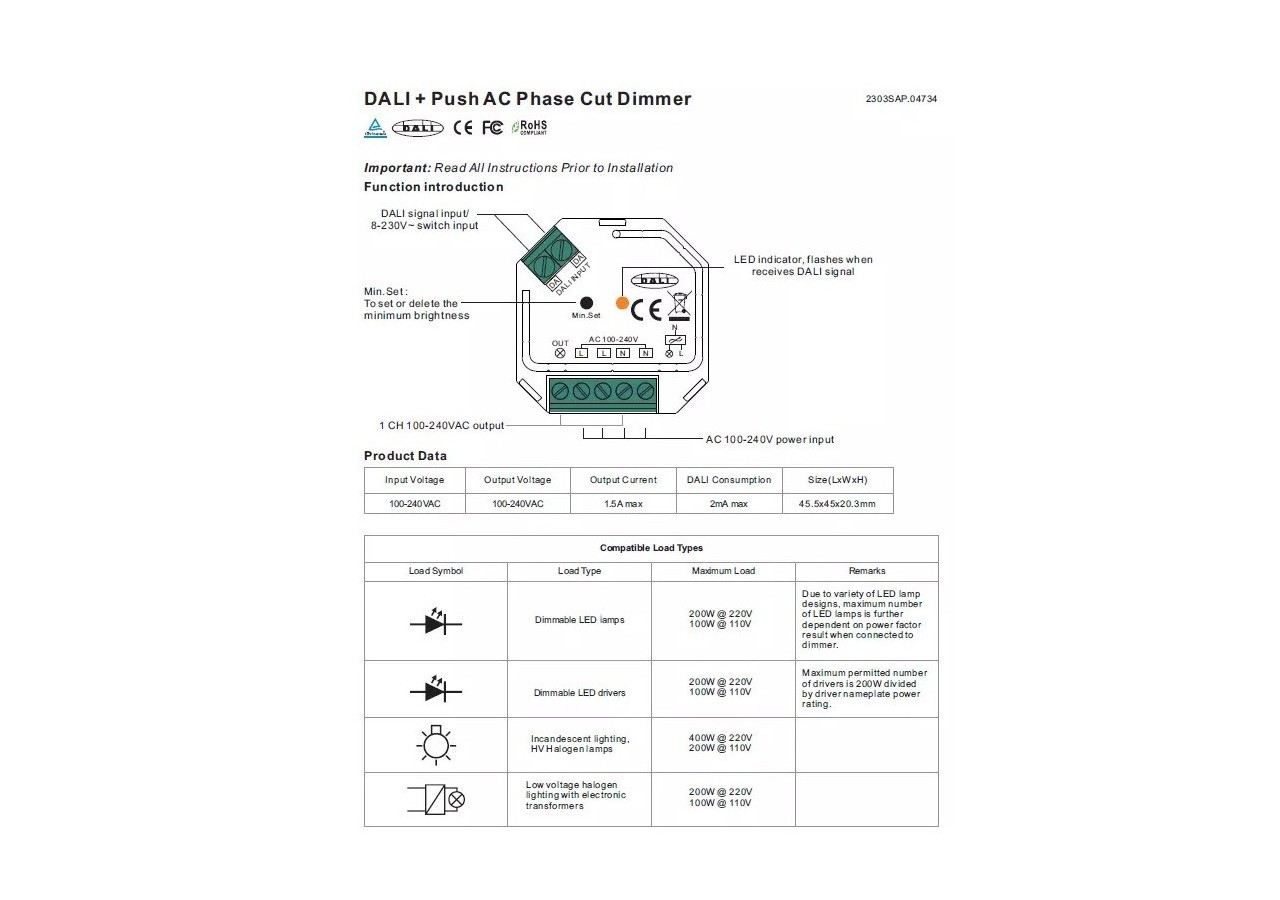 Variateur monochrome DALI et PUSH - 400W - 1 canal - 100-240V AC - Sunricher - SR-2303SAC-HP - Barcelona LED