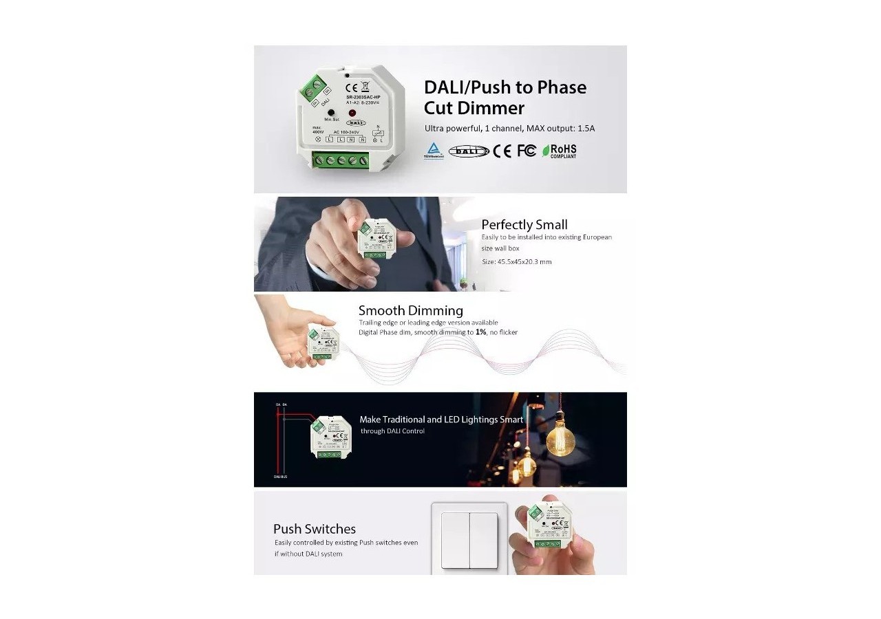 Variateur monochrome DALI et PUSH - 400W - 1 canal - 100-240V AC - Sunricher - SR-2303SAC-HP - Barcelona LED