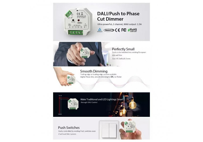 Variateur monochrome DALI et PUSH - 400W - 1 canal - 100-240V AC - Sunricher - SR-2303SAC-HP - Barcelona LED Variateur monochrome DALI et PUSH - 400W - 1 canal - 100-240V AC - Sunricher - SR-2303SAC-HP - Barcelona LED