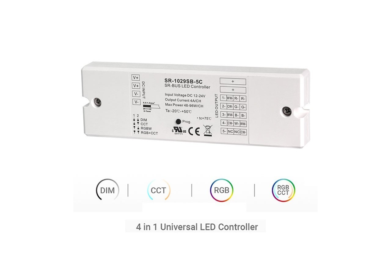 Contrôleur Bluetooth 12-24V monochrome + CCT + RGBW + RGBCCT 4 en 1 - SUNRICHER - SR-SB1029-5C - Barcelona LED