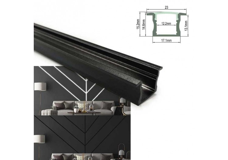 Profilé en aluminium noir encastrable 23x15mm (2 mètres) - BPERF23X15-N - Barcelona LED