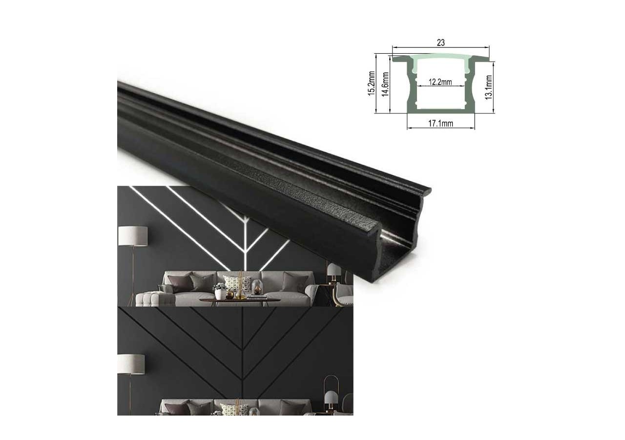 Profilé en aluminium noir encastrable 23x15mm (2 mètres) - BPERF23X15-N - Barcelona LED