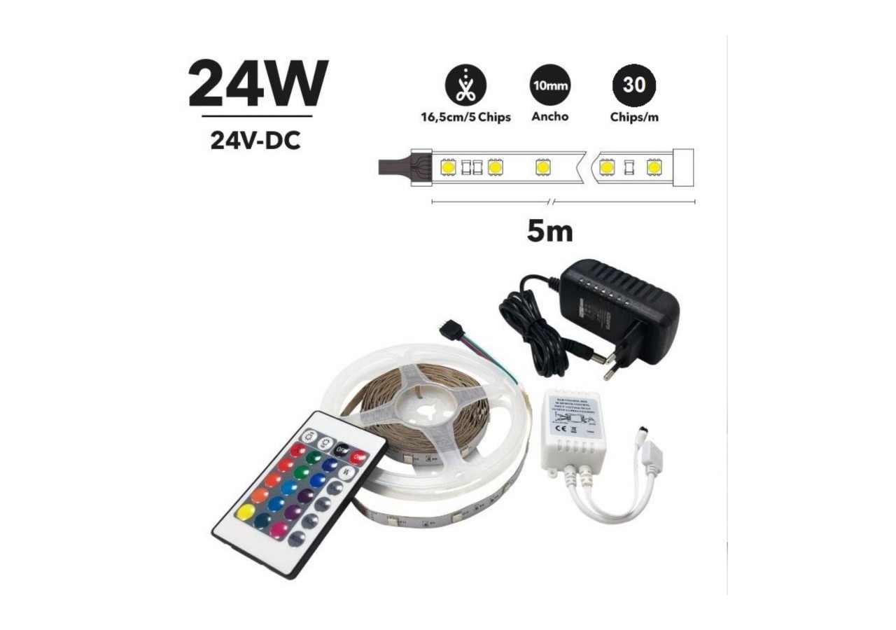 Kit ruban LED RGB de 5m avec alimentation, télécommande et contrôleur, compatible 12/24V - B1614-CONTROL - Barcelona LED