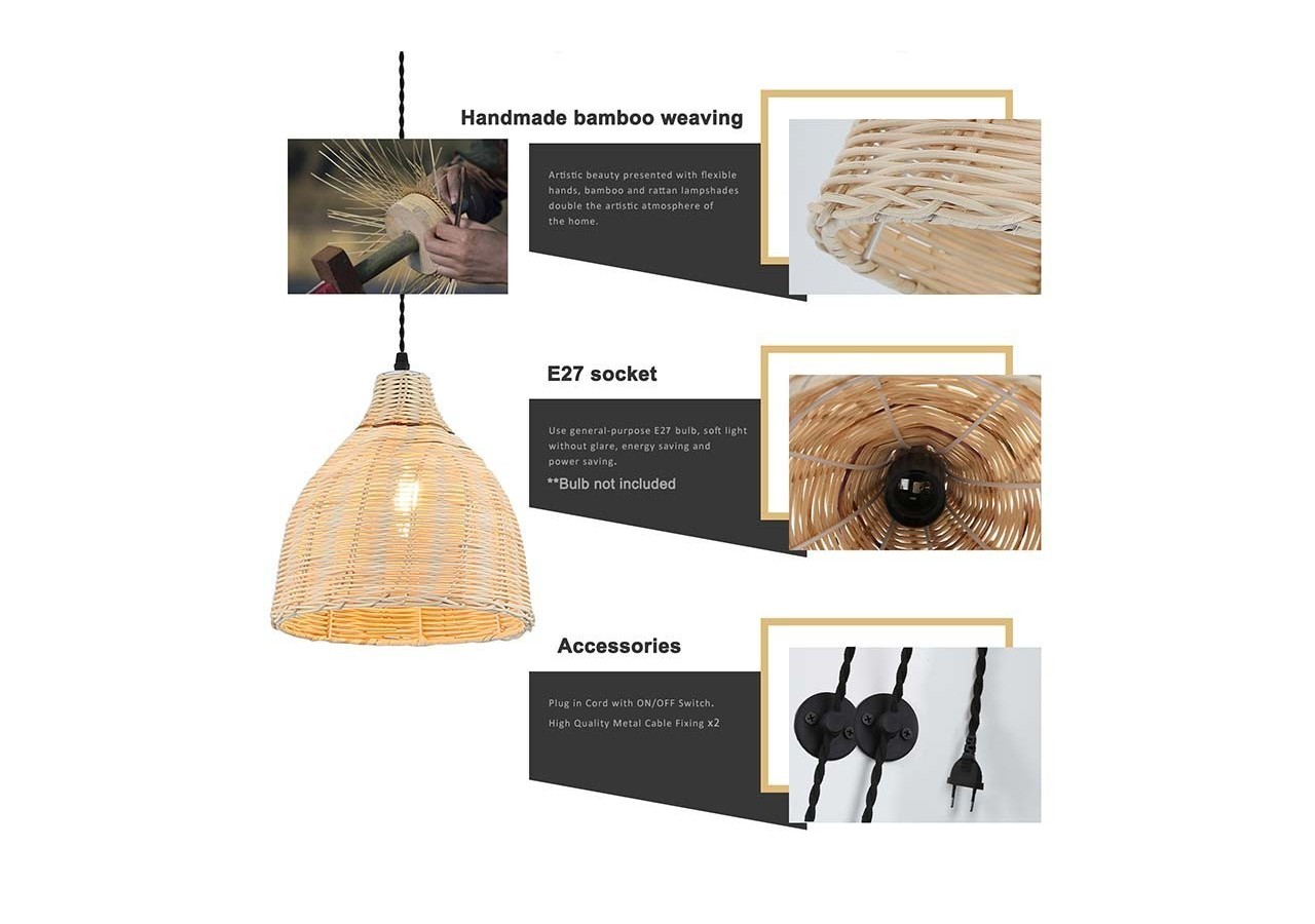 Lampe suspendue murale en osier avec poulie "SASKI" - LM153-C - Barcelona LED
