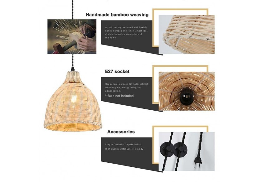 Lampe suspendue murale en osier avec poulie "SASKI" - LM153-C - Barcelona LED