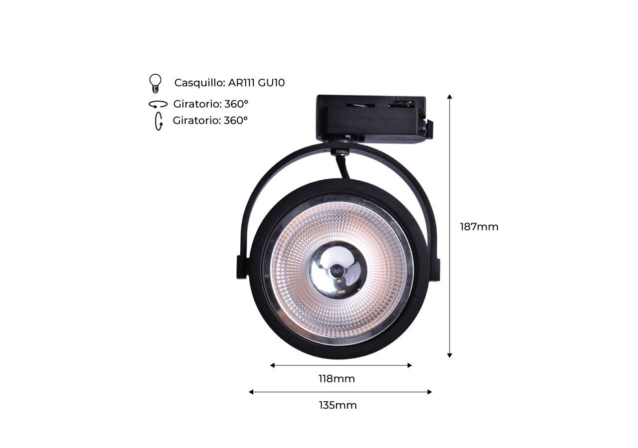 Projecteur LED sur rail monophasé AR111 GU10 - B00582-N - Barcelona LED