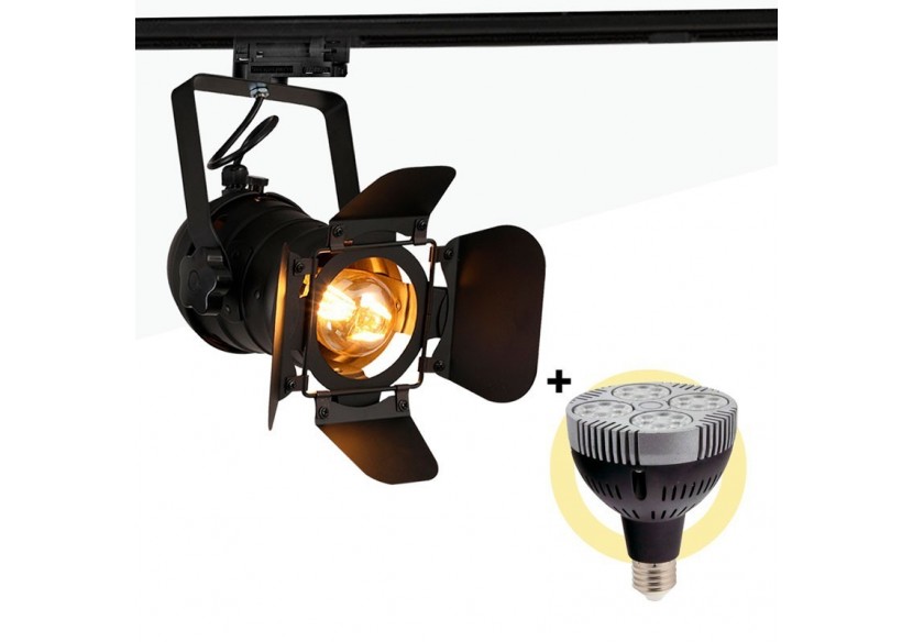 Kit projecteur "CINEMA" orientable pour rail triphasé avec ampoule LED PAR30 E27 - K233-TRI-BC - Barcelona LED