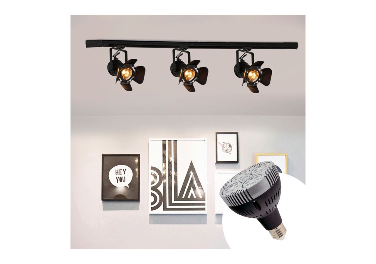 Kit projecteur "CINEMA" orientable pour rail triphasé avec ampoule LED PAR30 E27 - K233-TRI-BC - Barcelona LED