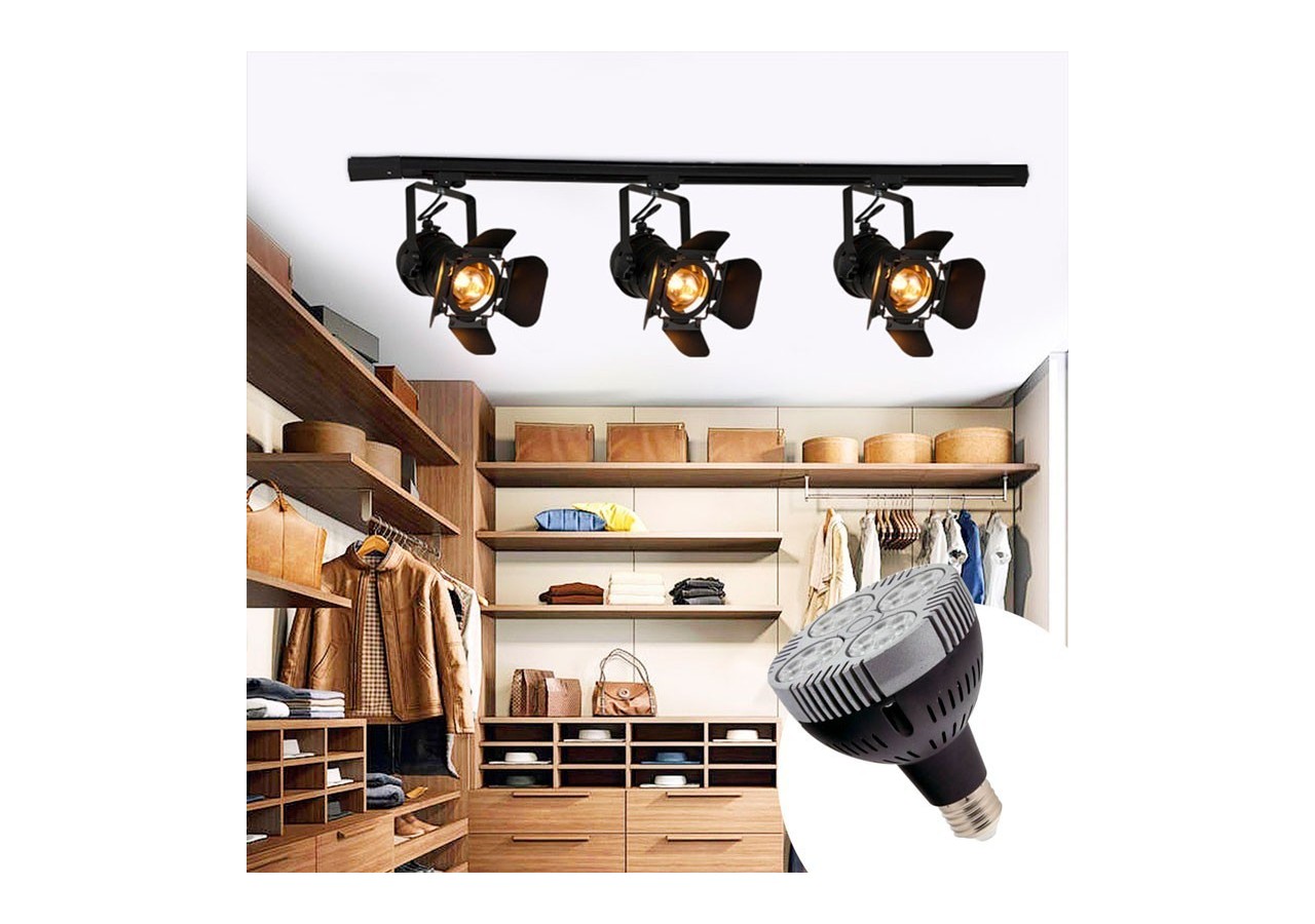 Kit projecteur "CINEMA" orientable pour rail triphasé avec ampoule LED PAR30 E27 - K233-TRI-BC - Barcelona LED