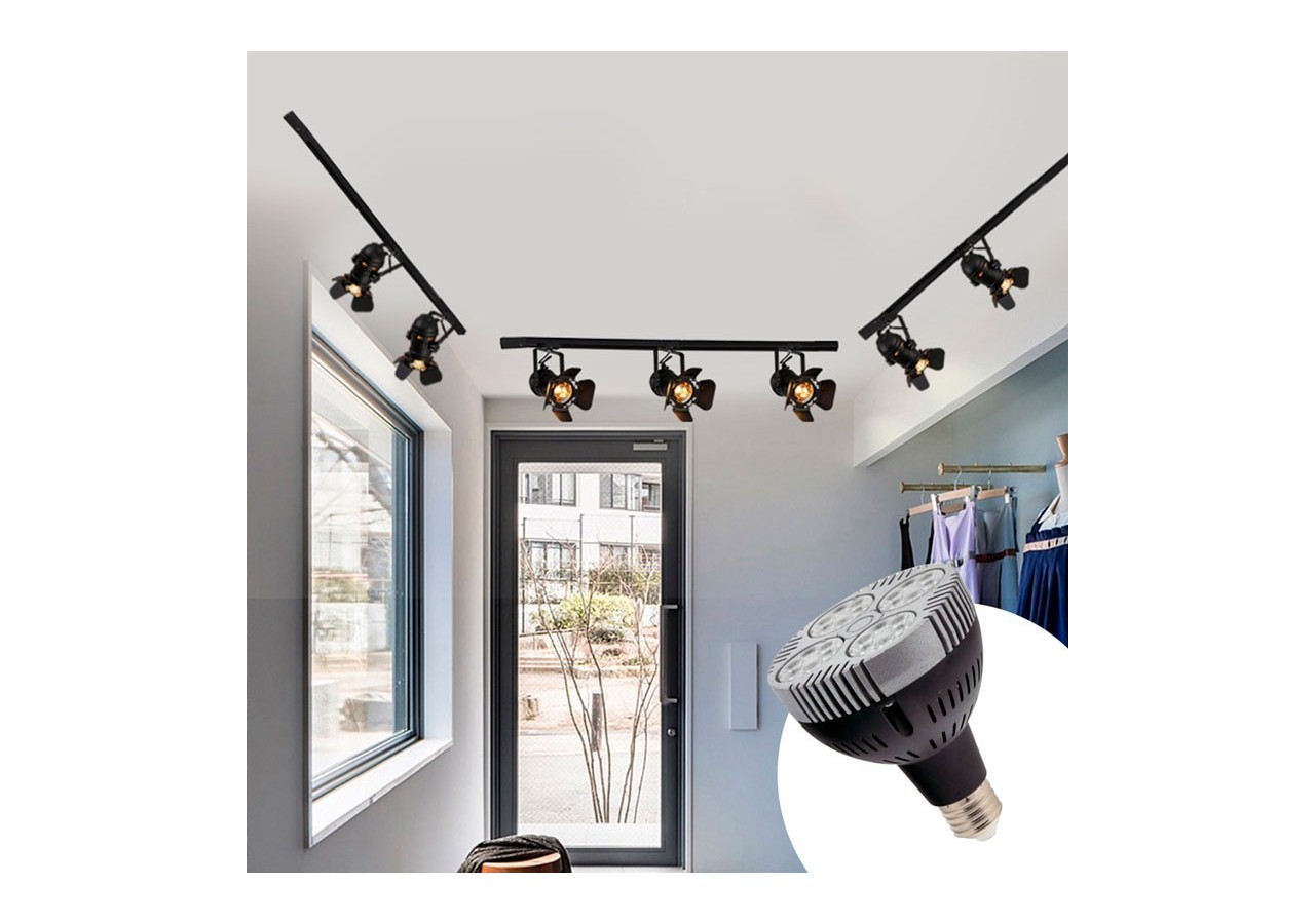 Kit projecteur "CINEMA" orientable pour rail triphasé avec ampoule LED PAR30 E27 - K233-TRI-BC - Barcelona LED