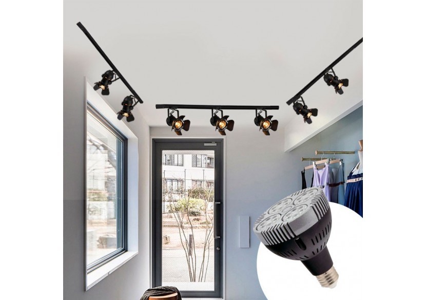 Kit projecteur "CINEMA" orientable pour rail triphasé avec ampoule LED PAR30 E27 - K233-TRI-BC - Barcelona LED