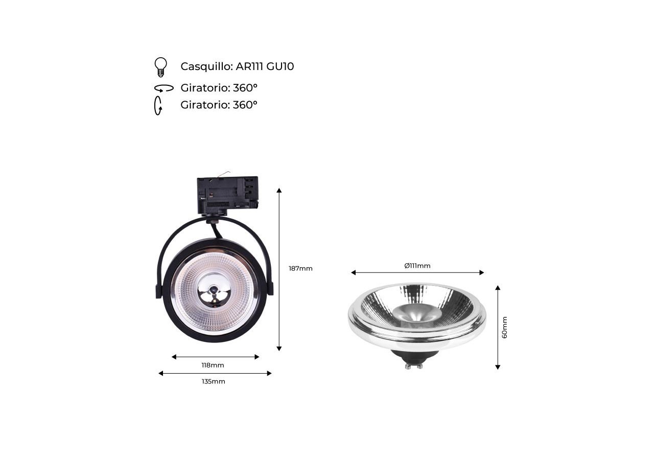 Pack Spot LED rail triphasé + Ampoule LED AR111 GU10 - K00581-N-BN - Barcelona LED