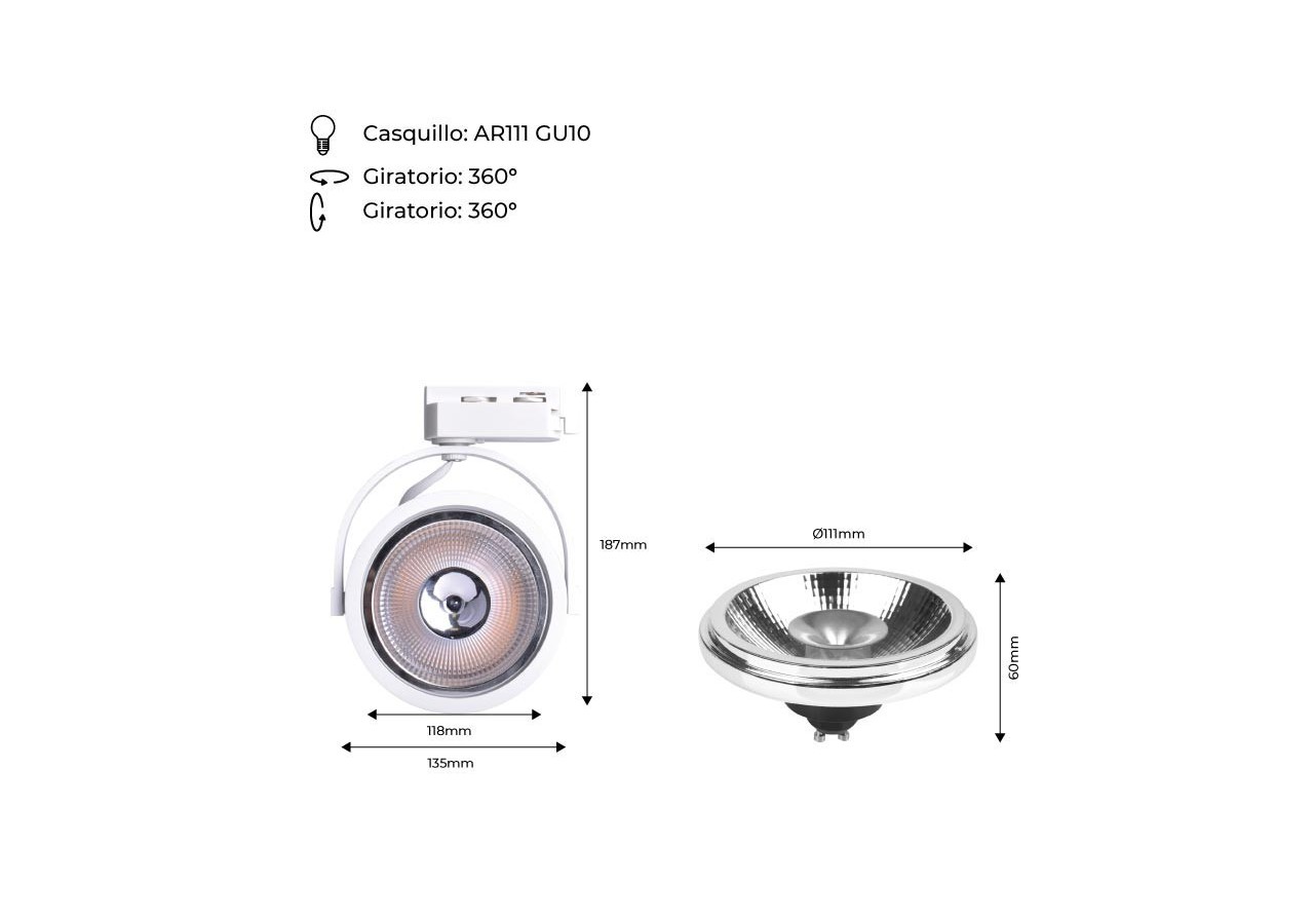 Pack projecteur rail monophasé + ampoule LED AR111 GU10 - K00582-B-BN - Barcelona LED