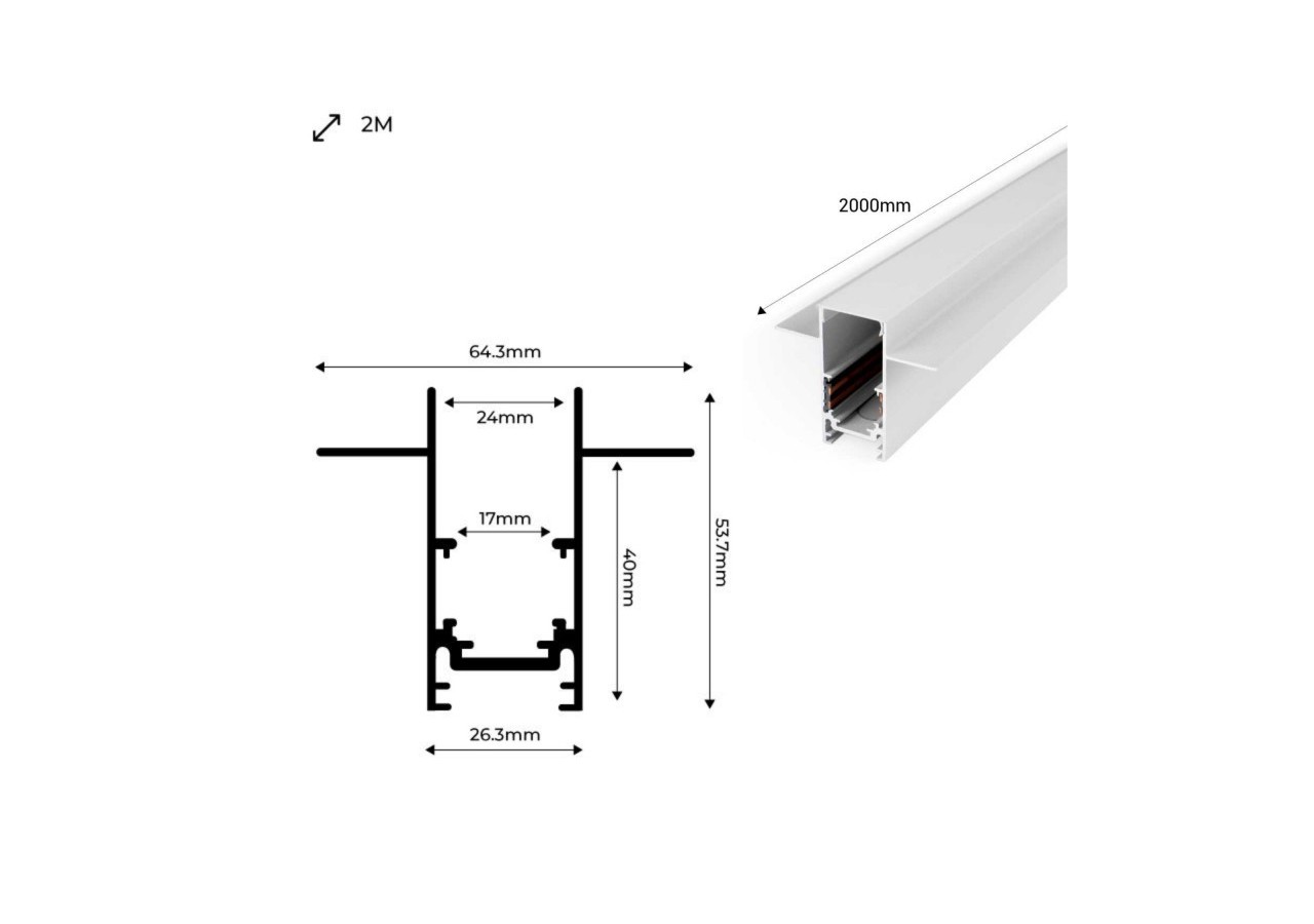 Rail magnétique encastré 20mm 48V 2 mètres - CME-200-B - Barcelona LED