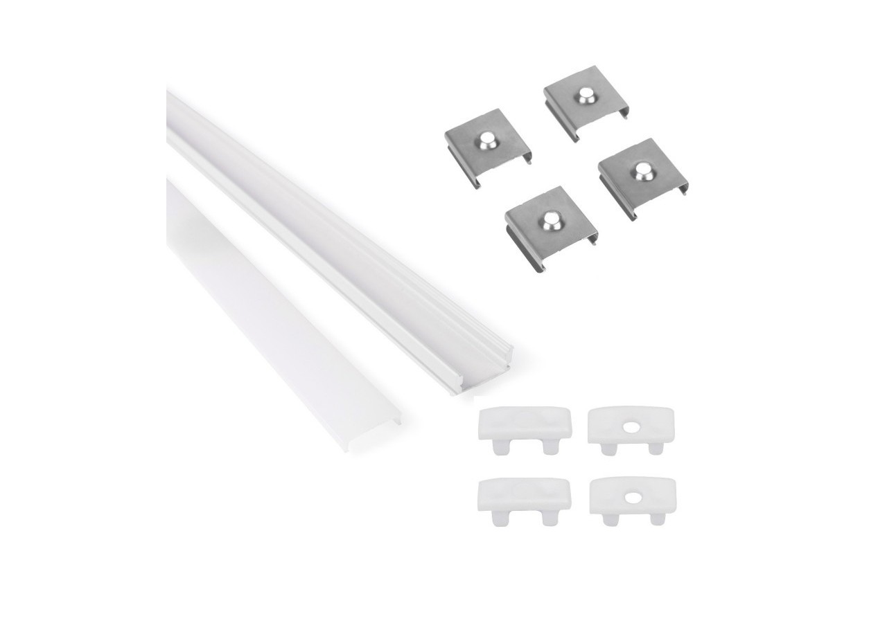 Profilé de surface en aluminium 2m avec diffuseur, 4 embouts 4 agrafes-Ruban LED jusqu'à 12 mm - PXG-204-B - Barcelona LED