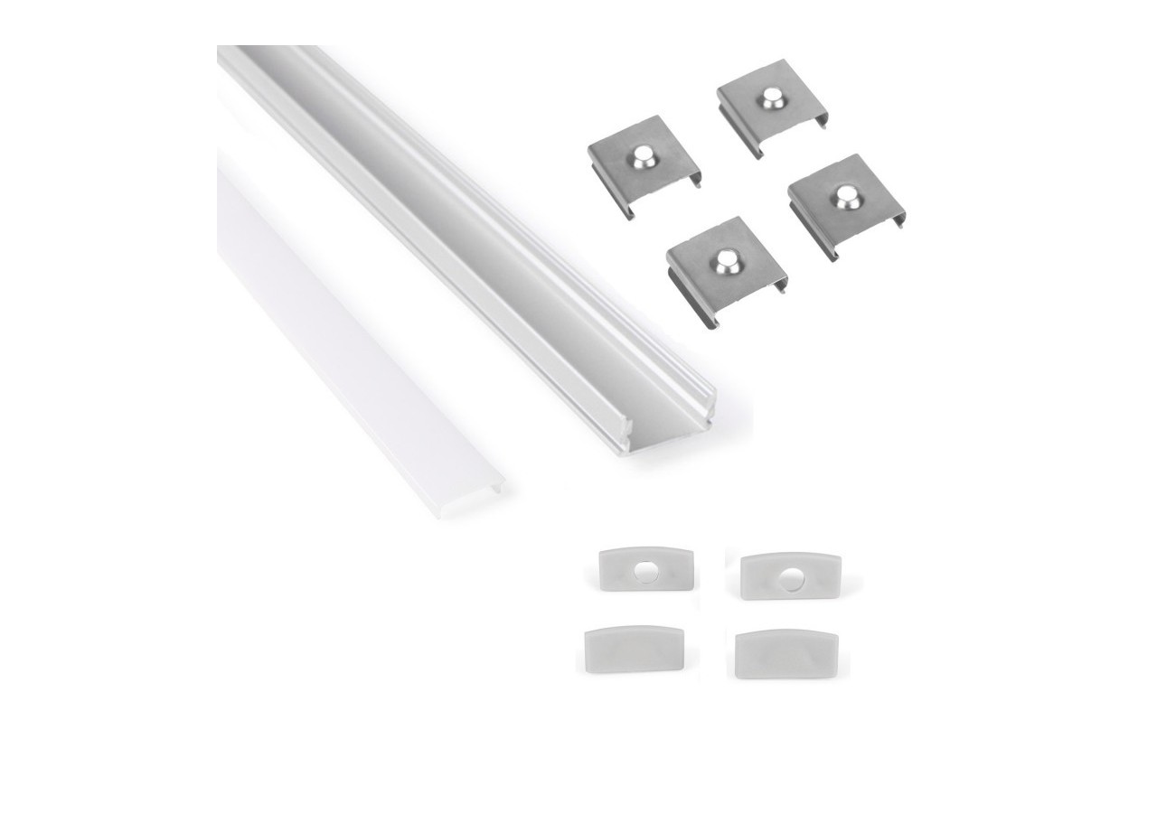 Profilé de surface en aluminium 2m avec diffuseur, 4 embouts 4 agrafes-Ruban LED jusqu'à 12 mm - PXG-204 - Barcelona LED