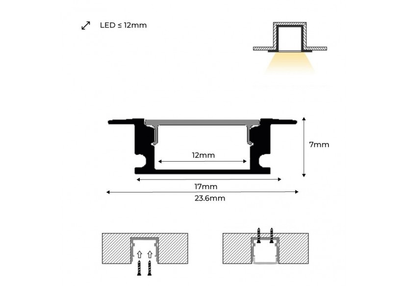 Profilé encastrable en aluminium avec diffuseur et 4 embouts-Ruban LED jusqu'à 12 mm-2 mètres - PXG-205-B - Barcelona LED Profilé encastrable en aluminium avec diffuseur et 4 embouts-Ruban LED jusqu'à 12 mm-2 mètres - PXG-205-B - Barcelona LED