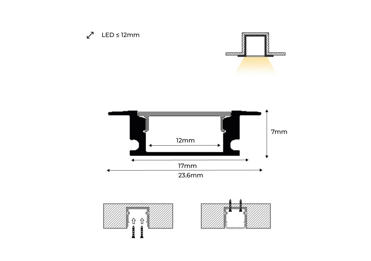 Profilé encastrable en aluminium avec diffuseur et 4 embouts-Ruban LED jusqu'à 12 mm-2 mètres - PXG-205 - Barcelona LED