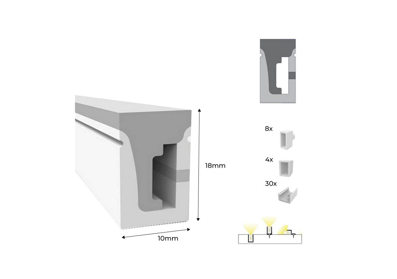 Néon LED flexible 24V DC-10x18mm-10 mètres-Kit complet-11W/m-IP67-À courbure latérale - N1018-10M-270 - Barcelona LED