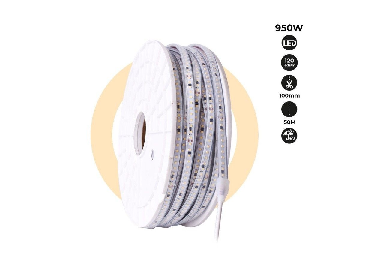 Ruban LED 220V-950W (6000xSMD2835) 12mm-Extérieur(IP67)-Rouleau 50 mètres-Sécable tous les 10cm - B1550-50-BN - Barcelona LED