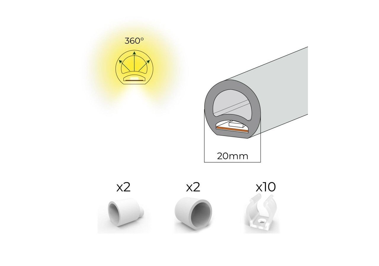 Néon LED flexible circulaire 360 degrés-24V DC-diamètre 20mm-5 mètres-13W/m-Kit complet-IP67 - N20D-5M-BC - Barcelona LED
